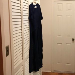 Navy blue evening jumpsuit with chiffon cape.